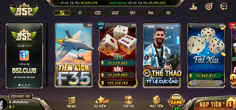 Sảnh cổng game B52 đa dạng thể loại thu hút người chơi.